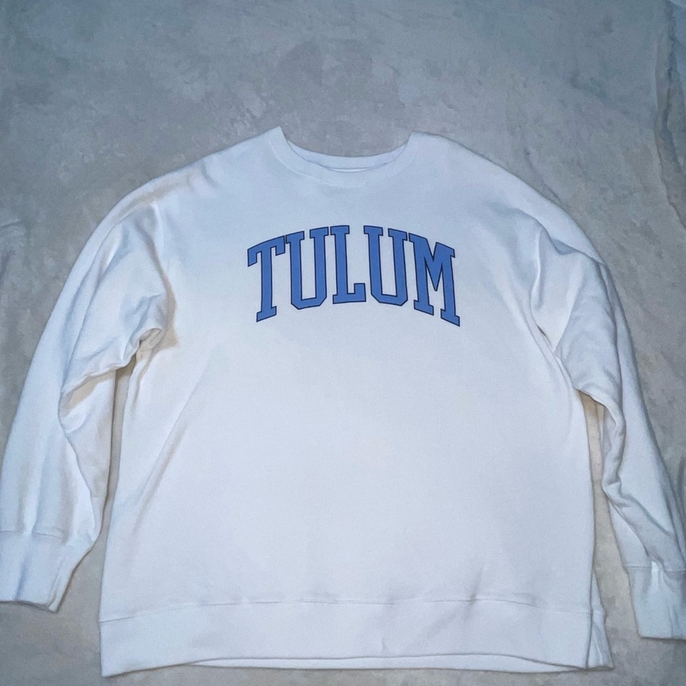 Hollister White Crewneck Sweater with Blue Tulum Print
